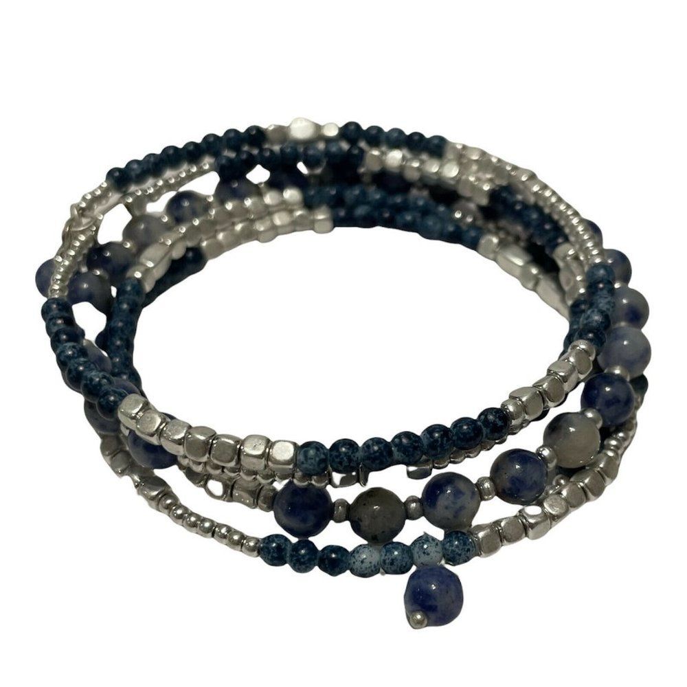 Sodalite gemstone Silver Beaded memory wire bracelet Lapis